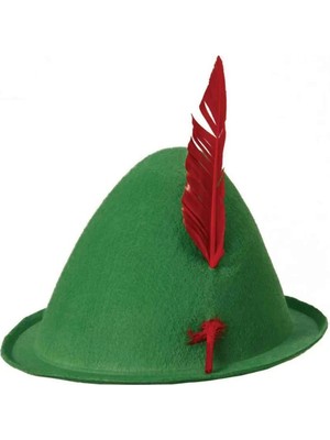 sbodurhome Yeşil Renk Kırmızı Tüylü Peter Pan Şapkası Robin Hood Şapkası 24X23 cm