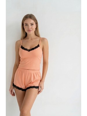 Lux Store Kadın Mercan Pembe Alt Üst Dantel Detaylı Şortlu Gecelik Takımı