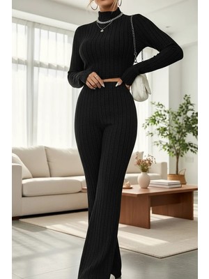 Lux Store Kadın Siyah Boğazlı Crop Top Yüksek Bel Eşofman Takımı Spor Şık Kombin