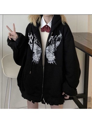 Touz Moda Küt Küt Touz Harajuku Butterfly Siyah (Unisex) Fermuarlı Kapşonlu