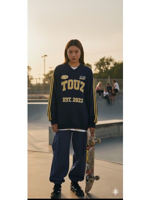 Touz Moda Touz Design Unisex Oversize Kolej Style V Yaka Sweatshirt