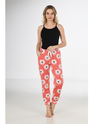 Obje Kadın Gül Kurusu Papatya Desen Bant Paça Polar Pijama Altı