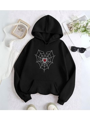 Touz Moda Spider Heart Taş Işleme Detail Baskılı Kapşonlu Sweatshirt