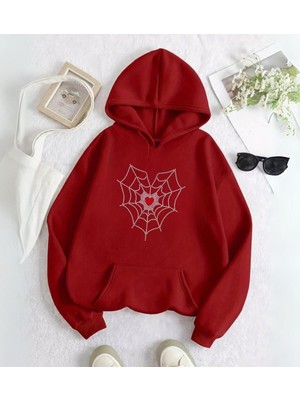 Touz Moda Spider Heart Taş Işleme Detail Baskılı Kırmızı Kapşonlu Sweatshirt