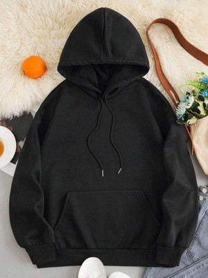 Touz Moda Slagon Baskılı Siyah Kapşonlu Sweatshirt