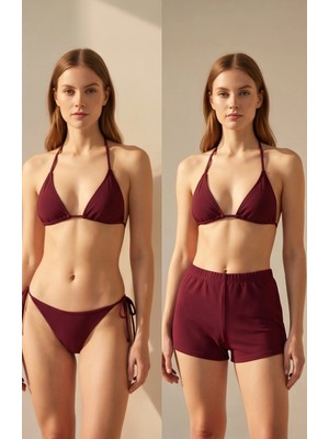 Lux Store Kadın 3'lü Set Bordo Şortlu Yandan Bağlamalı Bikini Mayo Takımı