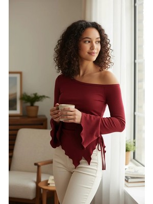 Lux Store Kadın Bordo Uzun Ispanyol Kollu Asimetirik Yaka Yandan Bağlamalı Drapeli Bluz
