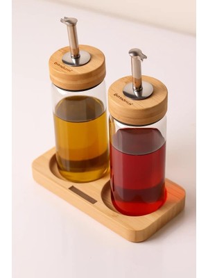 Belirtilmemiş Bambu Kapaklı Cam Yağlık & Sirkelik Seti – 2'li Standlı 200ML