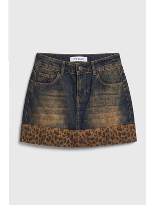 It's Basic Kadın Koyu Kot 2W6-8 Straight Leopar Detaylı Tasarım Denim Etek