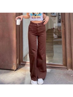 Touz Moda Kahverengi Bol Paça Jean Palazzo Wide Leg Kot Pantolon