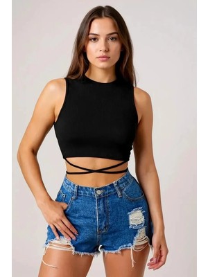 Lux Store Kadın Siyah Çapraz Bağlamalı Crop Top Büstiyer – Şık Tasarım