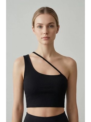 Lux Store Kadın Siyah Tek Omuzlu Çapraz Askılı Crop Top Büstiyer – Şık Tasarım
