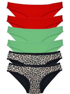 sbodurhome 6 Adet Likralı Kadın Slip Külot Leopar Kırmızı Yeşil