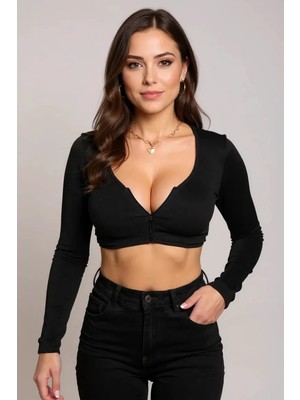 Lux Store Kadın Siyah Uzun Kol Göğüs Göbek Dekolteli Fermuarlı Crop Top Bluz – Şık, Rahat Kolay Kombinl