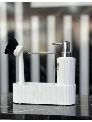 Belirtilmemiş Mithra Life 3'lü Krom Kapaklı Beyaz Plastik Deterjanlık Fırçalı Mutfak Banyo Temizlik Seti Düzenley