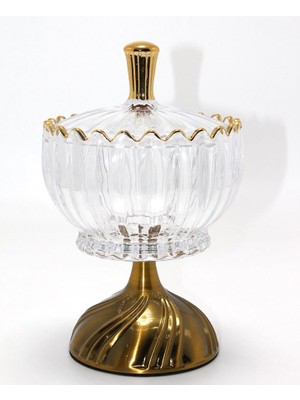 sbodurhome Metal Ayaklı Kristal Cam Şekerlik Gold Detaylı Sunumluk ALK4871