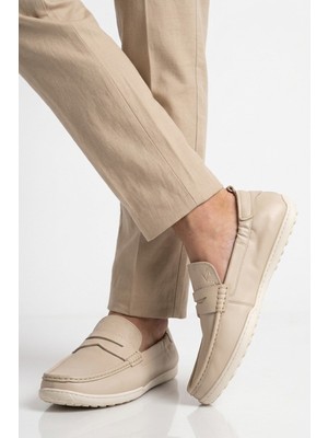 Voyager Erkek Hakiki Deri Loafer Mokasen Ayakkabı Hafızalı Taban Hafif Smart Casual Ekru M420 M