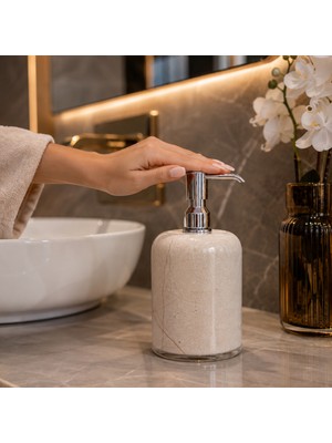 Badem10 Doğal Mermer Sıvı Sabunluk | Premium Metal Krom Pompalı Lüks Banyo ve Mutfak Sabun Dispenseri