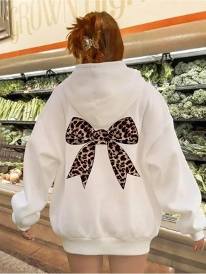 Touz Moda Leopar Desenli Kurdela Detail Baskılı Kapşonlu Sweatshirt