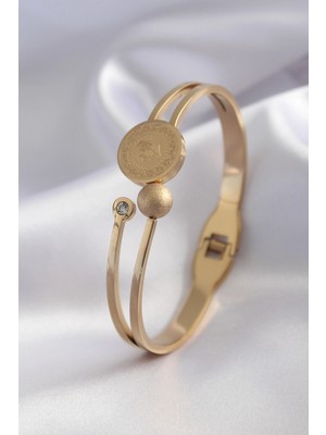 Eco Lounge 316L Çelik Gold Renk Çeyrek Altın Zirkon Taş Detay Kadın Kelepçe