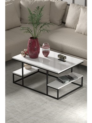 Reyo Falez Deluxe Raflı Orta Sehpa 60X90 cm Modern Dikdörtgen Orta Sehpa Beyaz