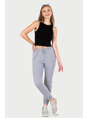 Obje Kadın Gri Melanj Iki Iplik Slimfit Paça Alt