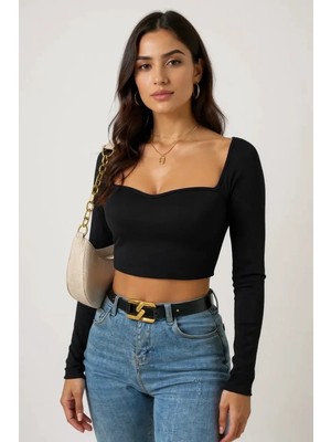 Lux Store Kadın Siyah Uzun Kol Göğüs Dekolteli Şık Crop Top Bluz – Şık, Rahat Kolay Kombinlenebilir
