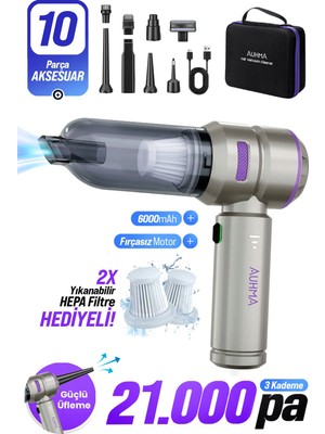 Auhma Ahv-02 Kablosuz Araç Içi Süpürge Mor | 21000PA Güçlü Vakum | Fırçasız Motor | Üfleme & Vakum Özellikli | 9 Başlık + Type-C Kablo