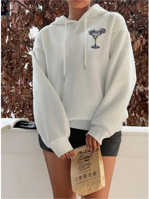 Touz Moda Margarita Baskılı Beyaz Kapşonlu Sweatshirt Hoodie