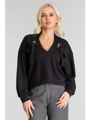 Bold & Young Kadın Modal Cupra Kumaş Kuşgözü Kordonlu Sweatshirt Siyah