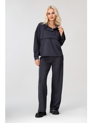 Bold & Young Kadın Antrasit Modal Kumaş Kapüşonlu Fermuarlı Sweatshirt