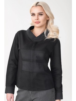 Bold & Young Kadın Pamuk Likralı Kumaş Ile Krınkıl Tekno Kumaş Kombinli Fermuarlı Sweatshirt Ceket Siyah