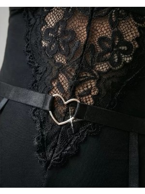 Lux Store Kadın Siyah Dantel Jartiyerli Bodysuit Gecelik - Kemer Detaylı