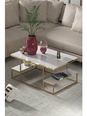 Reyo Falez Deluxe Raflı Orta Sehpa 60X90 cm Modern Dikdörtgen Orta Sehpa Gold Beyaz