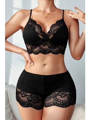 Lux Store Kadın Siyah Kaşkorse Dantel Detaylı Şortlu Gecelik Takım