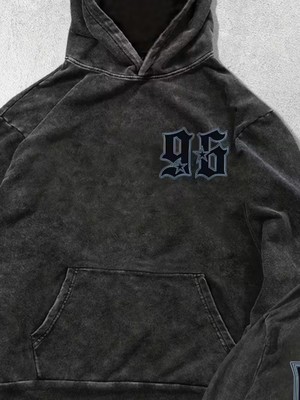 Touz Moda Yıkamalı 96 Retro Baskılı Vintage Kapüşonlu Sweatshirt