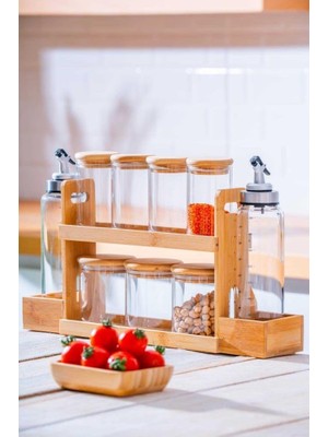 Belirtilmemiş Acar Malibu Bambu Standlı 9 Lu Boroslikat Cam Baharatlık Seti LND-07578