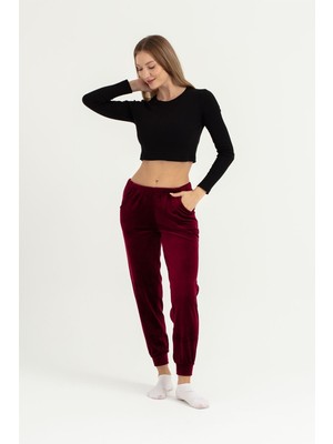 Obje Kadın Bordo Soft Kadife Manşet Paça Alt