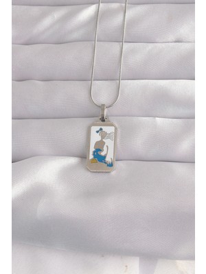 Eco Lounge 316L Çelik Gümüş Renk Beyaz Mineli Kız Figür Tarot Kolye