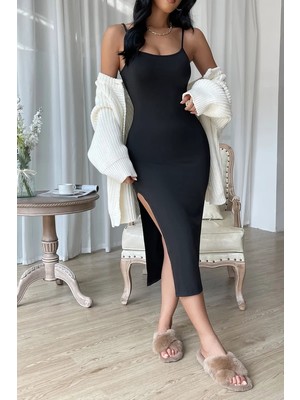 Lux Store Kadın Siyah Yırtmaçlı Diz Altı Vücüdu Saran Gecelik