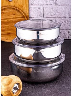 Belirtilmemiş Bambum Steel - 3'lü Saklama Kabı (14-16-18 Cm) Paslanmaz Çelik