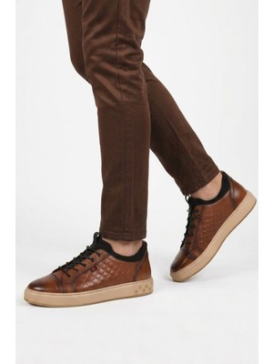 Voyager Taba Hakiki Deri Kroko Desenli Rahat Şık Erkek Casual Ayakkabı Sneaker 6424-1 M