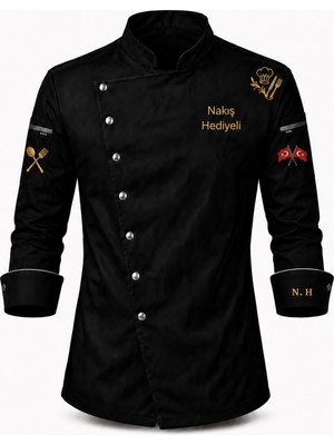 Mekaizen Premium Chef Ceketi Siyah | Aşçı Üniforması, Aşçı Forması, Aşçı Gömleği Aşçı Önlüğü Isim Nakış Hediyeli Aşçı Ceketi, Türk Bayrak Nakışlı