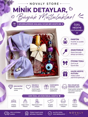 Novaly Store Özel Hediye Kutusu - Parfüm, Nazar Boncuklu Anahtarlık ve Fiyonk Tokalı Şık Hediye Seti