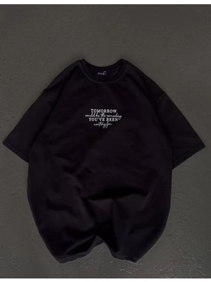 Mrayss  Unisex Bisiklet Yaka Baskılı Oversize T-Shirt - Siyah