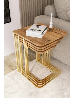 Dzgn Home İmaj Tekerlekli 4 Lü Zigon Sehpa Gold- Atlantik Çam