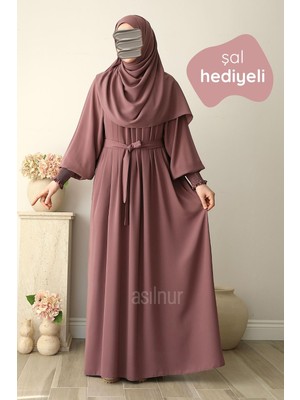 Asilnur Mahi Elbise Şal Hediyeli Takım Gül Kurusu