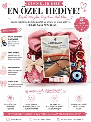 Novaly Store Arkadaşlık Hediye Kutusu – Nazar Boncuklu Anahtarlık, Bileklik, Sprey Parfüm ve Fiyonk Toka Hediye Seti