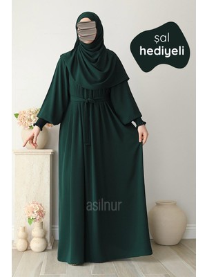 Asilnur Mahi Elbise Şal Hediyeli Takım Zümrüt Yeşili