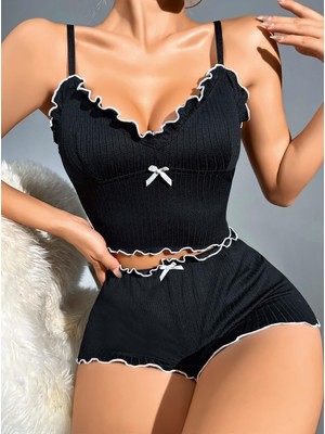 MOTTO10 Butik Kadın Siyah Fitilli Askılı Şortlu Pijama Takım 5042